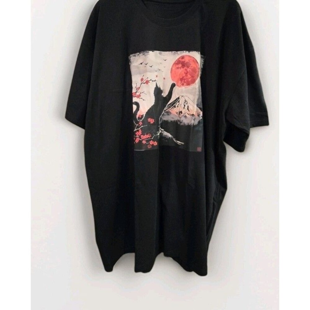 Black Cat Red Moon Cherry Blossom Japanese Style Graphic T-Shirt 2X Fall